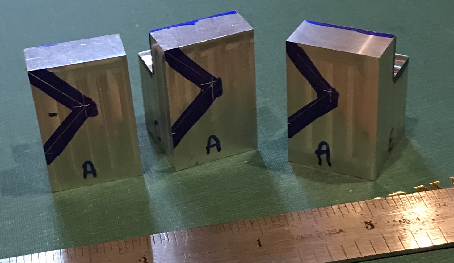 Slider cubes marked for first angle cut